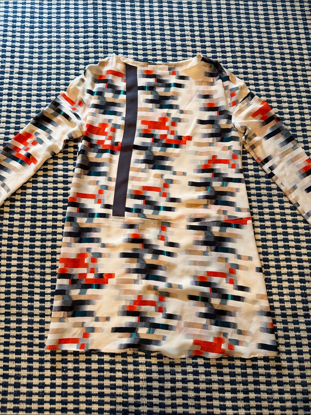 Vintage Cacharel Pixel-Print Long Sleeve Shift Dress in Ivory, Red & Navy